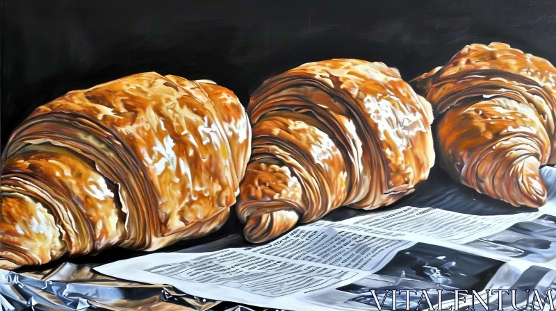 Realistic Painting of Croissants on Newspaper AI Image