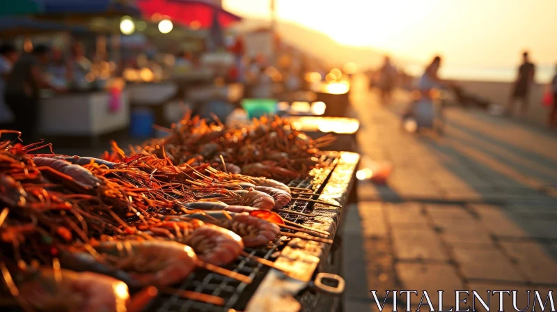 Savor the Flavors of Asia with Grilled Tiger Prawns at a Vibrant Street Food Market AI Image