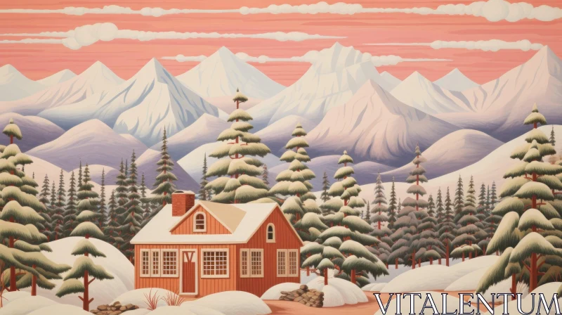Serene Winter Cabin Painting | Cozy Red House in Snowy Mountains AI Image