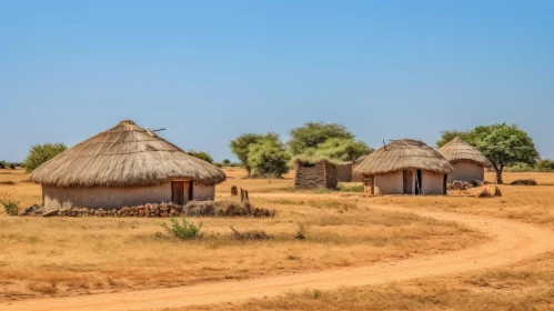 Thatched Huts on Dirt Road - African Influence - High Resolution