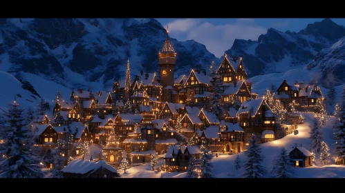 Winter Wonderland Village under Twilight