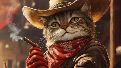 Western Cowboy Cat with Bandana and Smoking Cigar