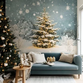 Festive Living Room with Christmas Tree and Snowy Scenery