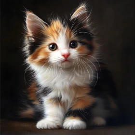 Close-Up Portrait of a Fluffy Calico Kitten