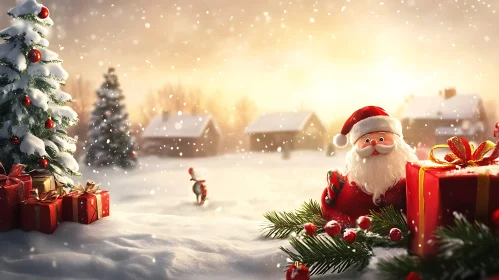 Magical Christmas Landscape with Santa, Tree, and Gifts