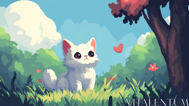 AI ART Charming White Kitten with a Red Heart in Nature