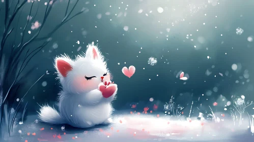 Adorable Cartoon Cat Holding a Heart in Snowy Landscape