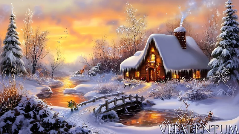 Tranquil Snowy Cottage At Sunset AI Image