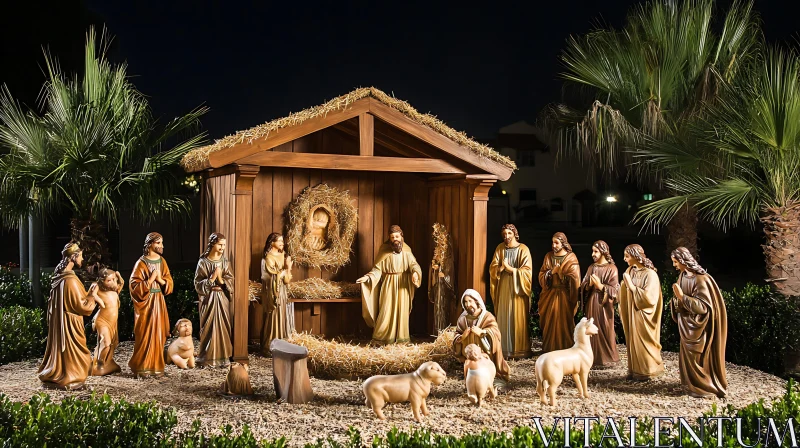 Christmas Nativity with Figurines and Wooden Stable AI Image