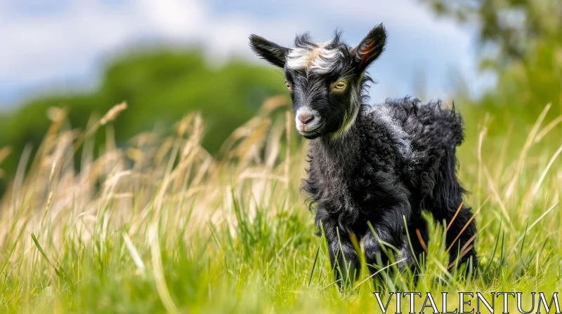 Captivating Image of a Black Goat in a Green Field AI Image