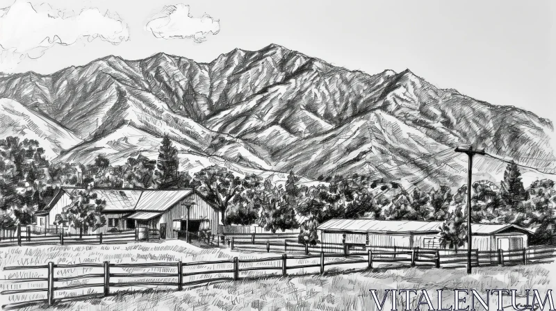 Captivating Pencil Drawing of a Mountain Ranch | Black and White Art AI Image