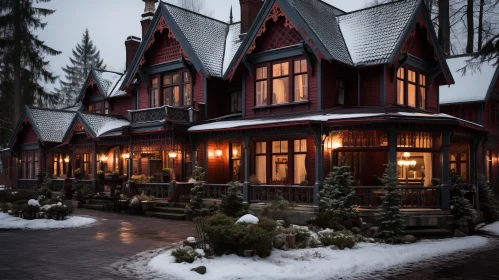 Captivating Winter Scene: A Grand Victorian House Illuminated by Naturalistic Lighting