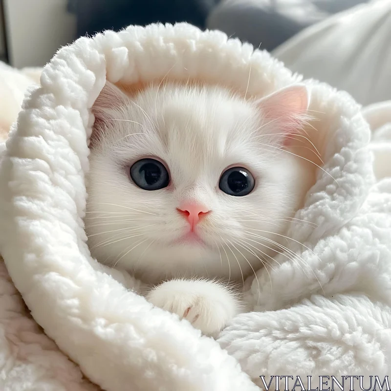 White Kitten Peeking from Blanket AI Image