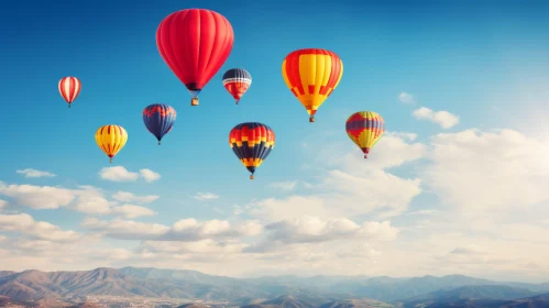 Colorful Hot Air Balloons Soaring Over Mountains - Retro Filter Artwork