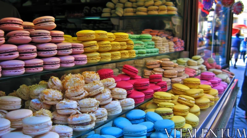 Colorful Macarons in a Bakery Window | French Pastry Display AI Image