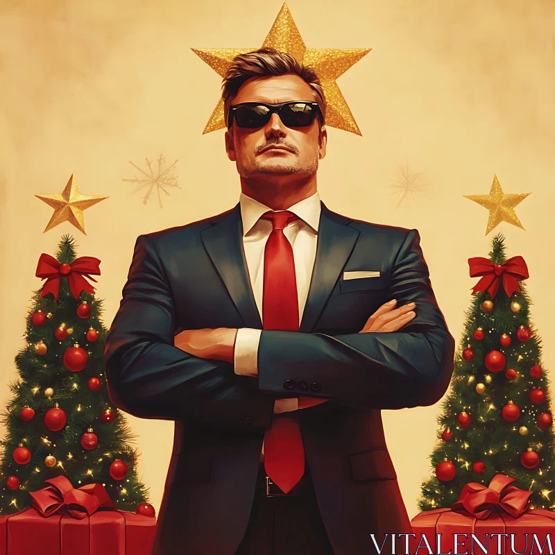 Festive Man Posing in Front of Christmas Trees AI Image