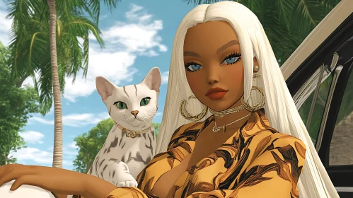 Fashionable Lady and Her Cat in Tropical Setting