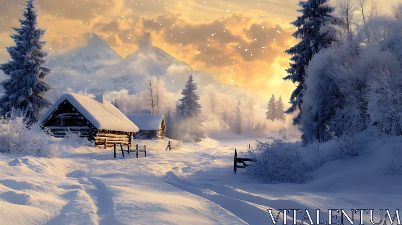 Tranquil Snowy Cabin Scene with Golden Sunset AI Image