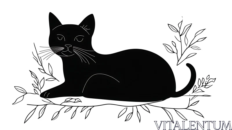 Black Cat Illustration with Leaves AI Image