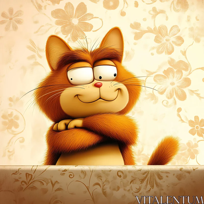 Expressive Cartoon Cat with Floral Background AI Image