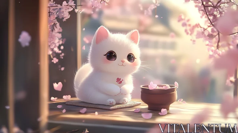 Cute White Kitten with Cherry Blossoms AI Image