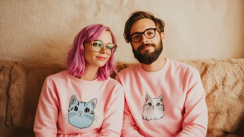 Cute Couple in Pink Cat Sweaters