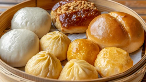 Delicious Chinese Steamed Buns in a Bamboo Steamer Basket