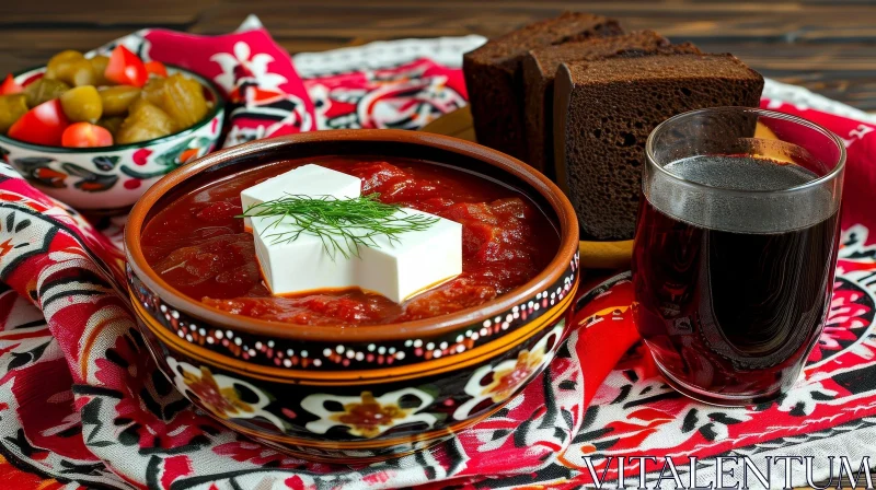 AI ART Delicious Red Soup with Cheese, Dill, Wine, and Bread