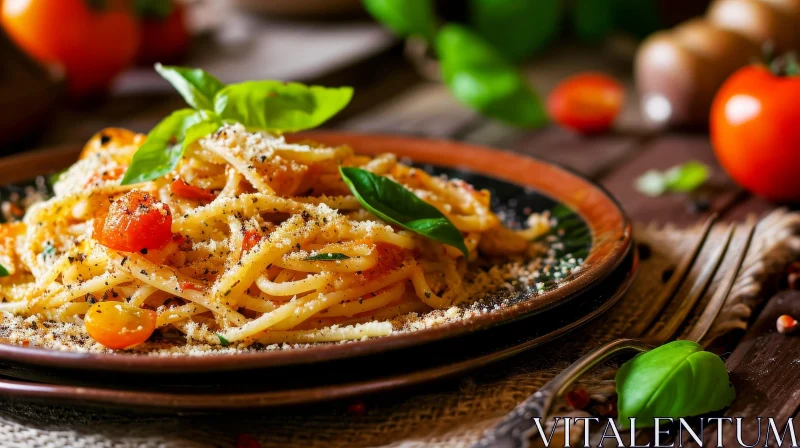 AI ART Delicious Spaghetti with Tomatoes and Basil on Wooden Table