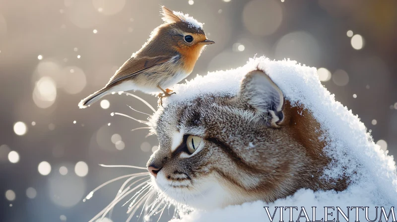 Winter Harmony: Cat and Bird AI Image