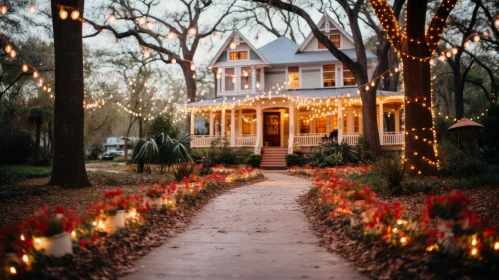 Enchanting Pathway Leading to a Home Adorned with Lights and Flowers