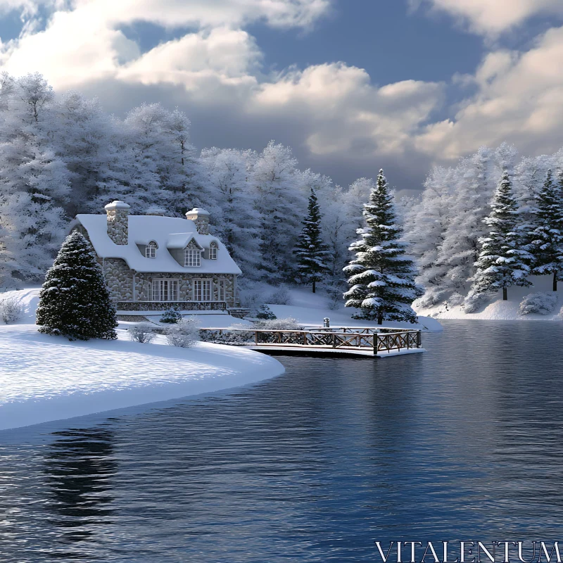 Tranquil Snow-Covered Cabin by the Waterfront AI Image