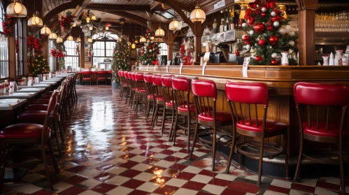 Festive Restaurant with Red Chairs and Christmas Decorations
