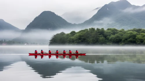 Rowing a Red Canoe on a Serene Lake with Majestic Mountains
