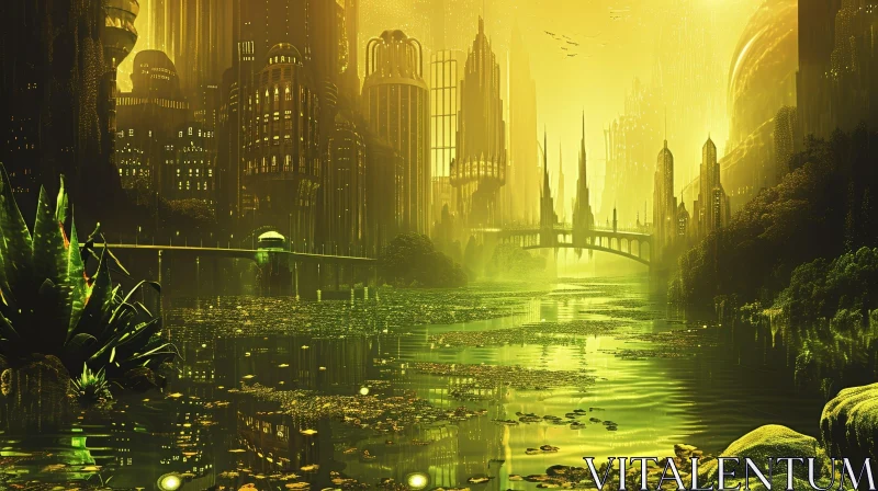 Serene Landscape of a Futuristic City on a River AI Image