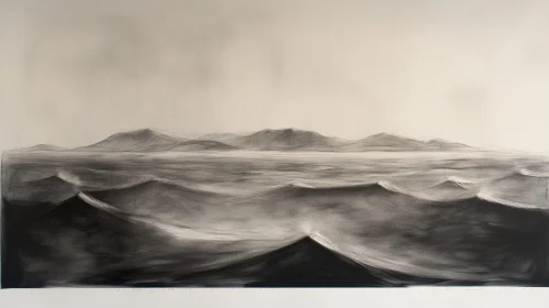 Charcoal Drawing of Sea Waves and Mountains