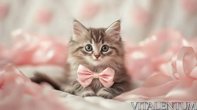 Fluffy Grey Kitten with Pink Bow Tie AI Image