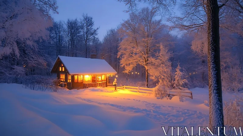 Warm Cabin in Snow-Covered Forest AI Image