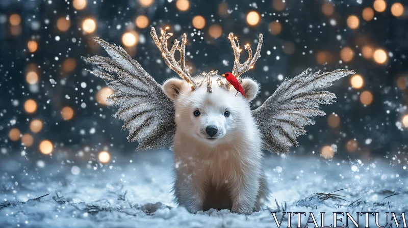 Magical Winter Scene with Bear Cub and Cardinal AI Image