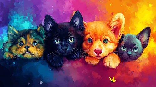 Colorful Illustration of Cute Puppies and Kittens