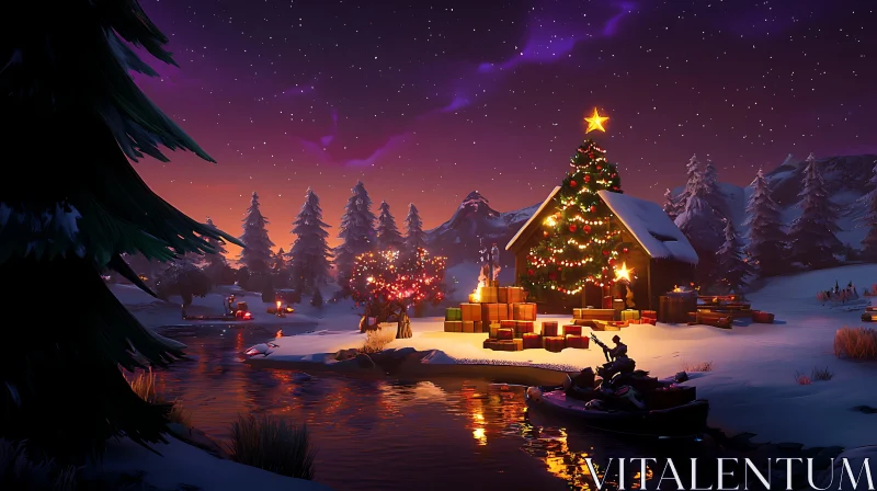 Cozy Cabin Christmas Eve in Snowy Wonderland AI Image