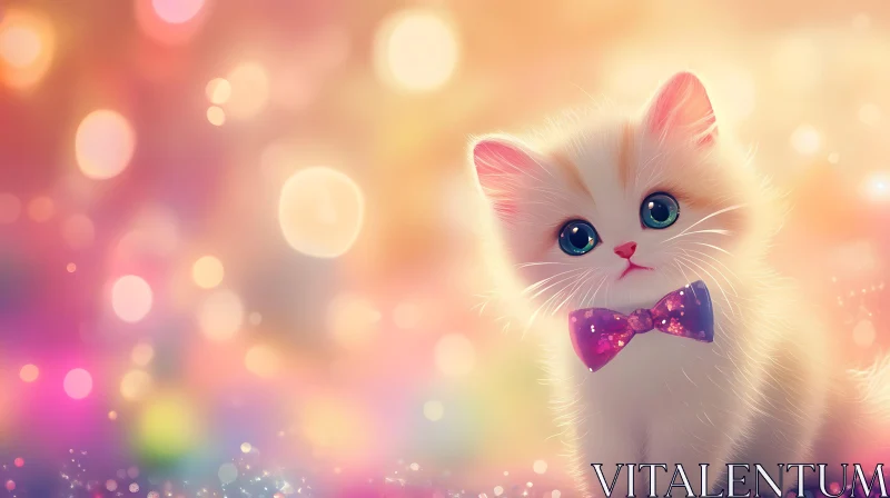 Fluffy Kitten with Purple Bowtie and Bokeh Effect AI Image