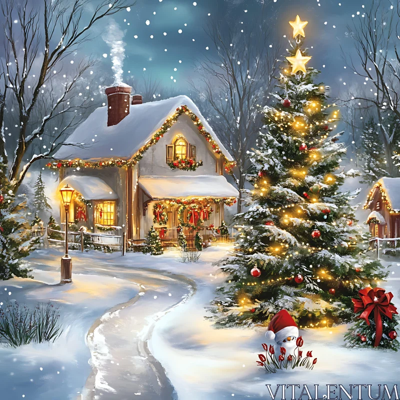 Festive Winter Cottage with Holiday Lights and Snow AI Image