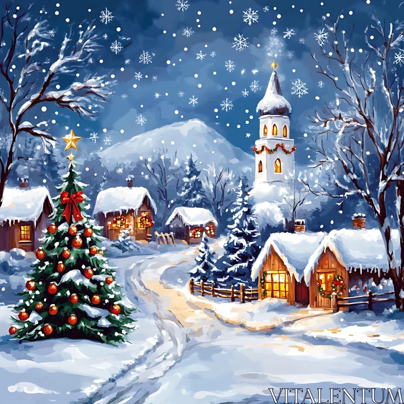 Winter Wonderland: Snow-Covered Village with Christmas Tree AI Image