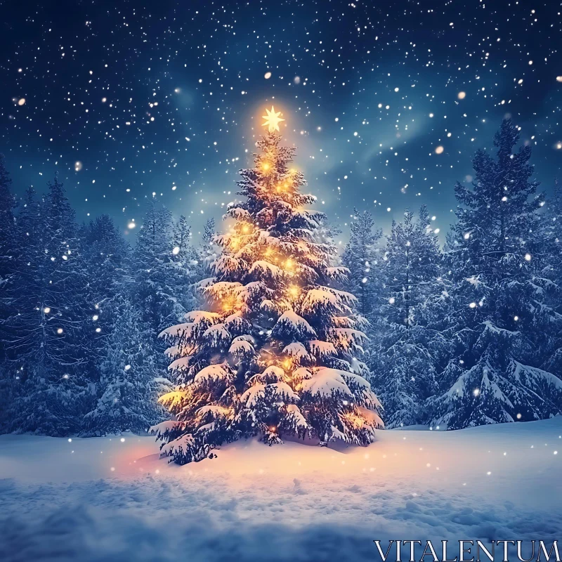 Illuminated Festive Tree in Winter Forest AI Image