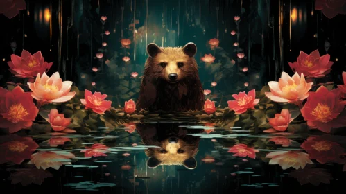 Abstract Bear in Pond with Floral Surroundings - A Zen Minimalistic Masterpiece