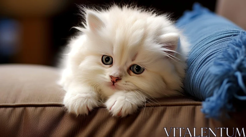 Adorable White Fluffy Kitten on Brown Sofa AI Image