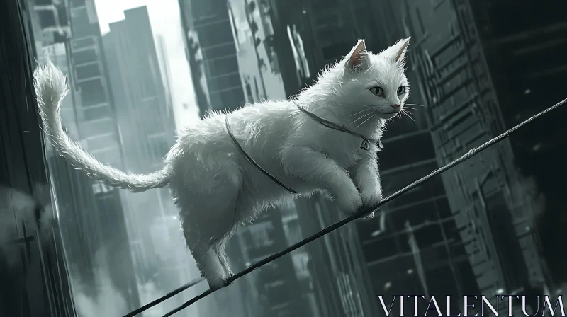 Cat on Tightrope in the City AI Image