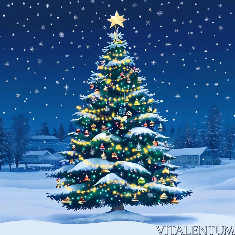 Festive Christmas Tree in Winter Wonderland AI Image