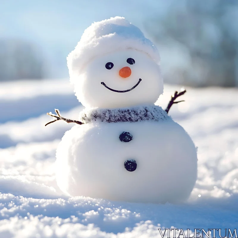 Smiling Snowman on a Sunny Winter Day AI Image